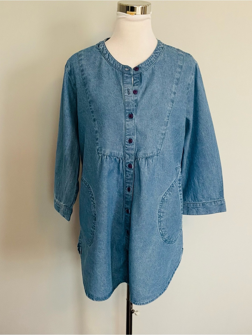 Vermont Country Store Blue Denim Button Down Tunic Shirt Jacket Pockets Medium
